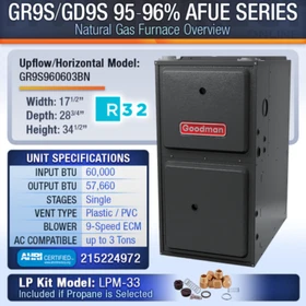 Goodman Gas Furnace 96% 60000 BTU NG or LP, 1 Stage Multi-Position GR9S96/GD9S96