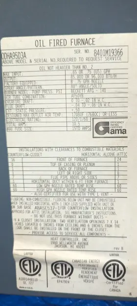 ODHA95D3A COMFORTAIRE Aire Oil Based Furnace